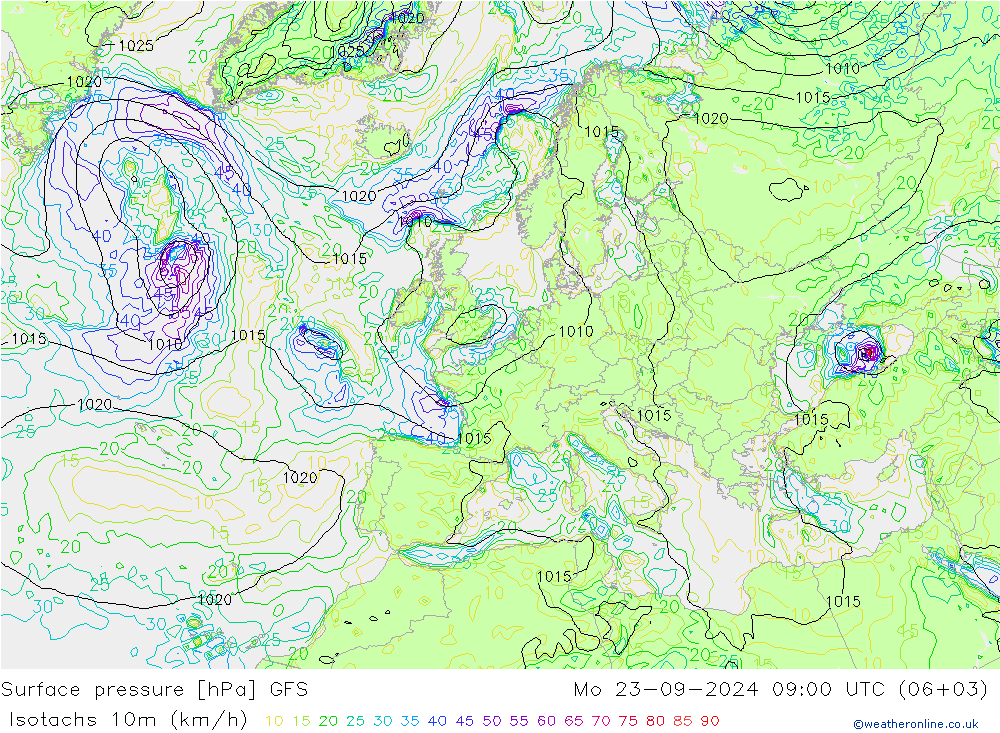 Izotacha (km/godz) GFS pon. 23.09.2024 09 UTC