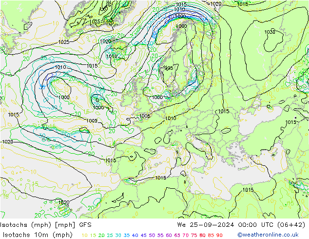 Izotacha (mph) GFS śro. 25.09.2024 00 UTC