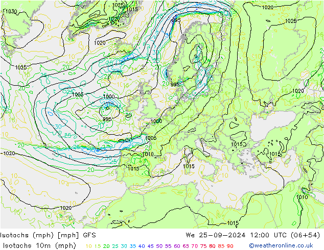 Isotachs (mph) GFS  25.09.2024 12 UTC