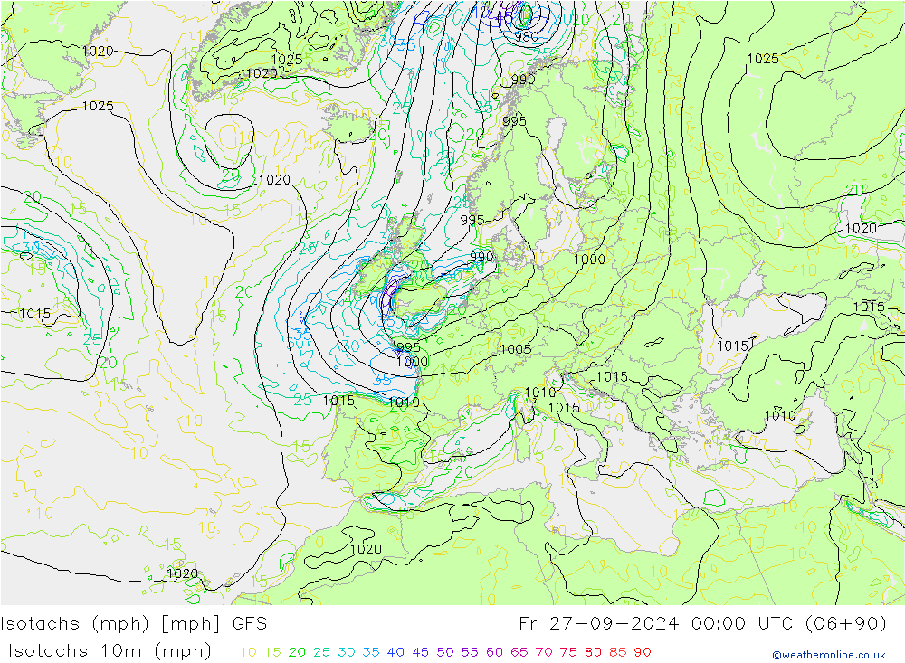 Isotaca (mph) GFS vie 27.09.2024 00 UTC