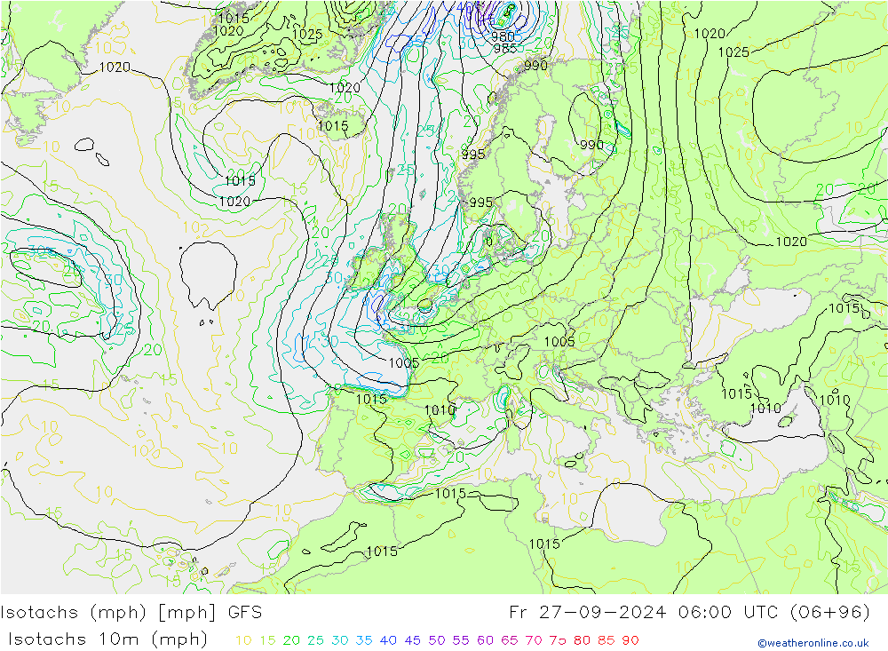 Isotachs (mph) GFS Fr 27.09.2024 06 UTC