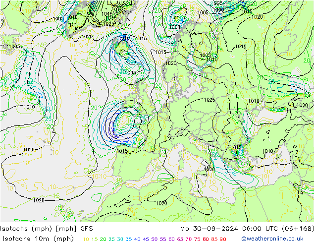 Izotacha (mph) GFS pon. 30.09.2024 06 UTC