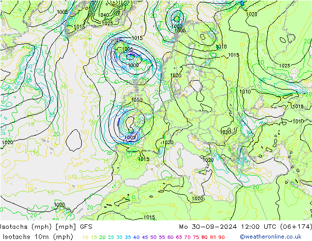 Isotachs (mph) GFS Mo 30.09.2024 12 UTC