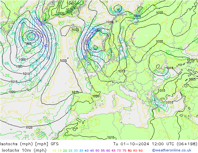 Isotachen (mph) GFS Di 01.10.2024 12 UTC