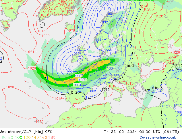 Jet stream/SLP GFS Čt 26.09.2024 09 UTC