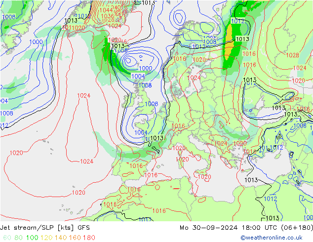 Jet stream/SLP GFS Mo 30.09.2024 18 UTC