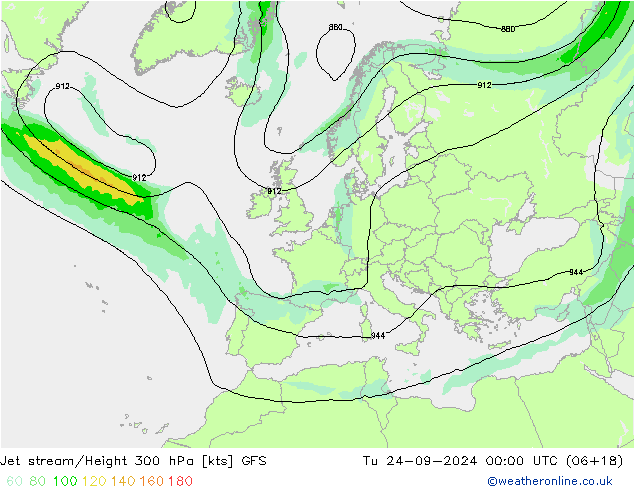 Jet stream/Height 300 hPa GFS Út 24.09.2024 00 UTC