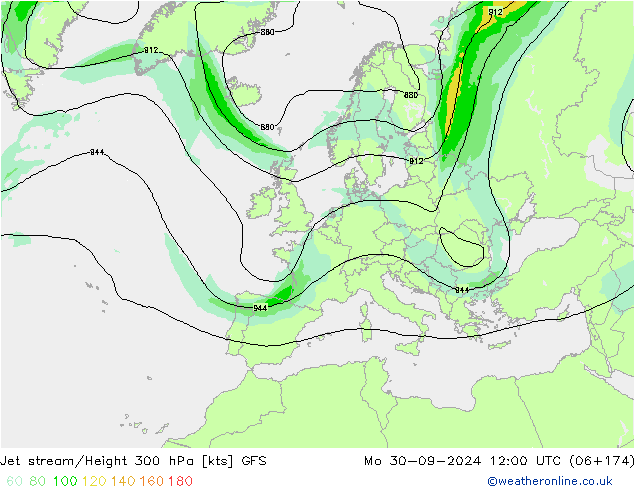 Jet stream/Height 300 hPa GFS Mo 30.09.2024 12 UTC