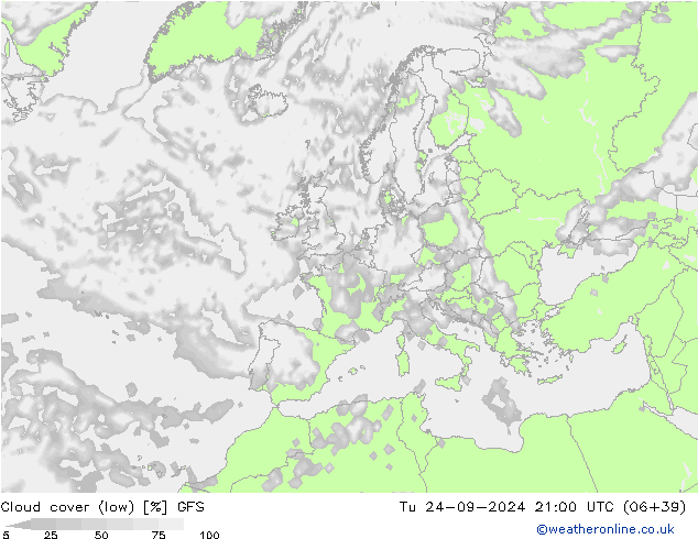 Cloud cover (low) GFS Tu 24.09.2024 21 UTC