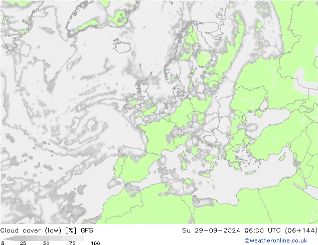 Cloud cover (low) GFS Su 29.09.2024 06 UTC