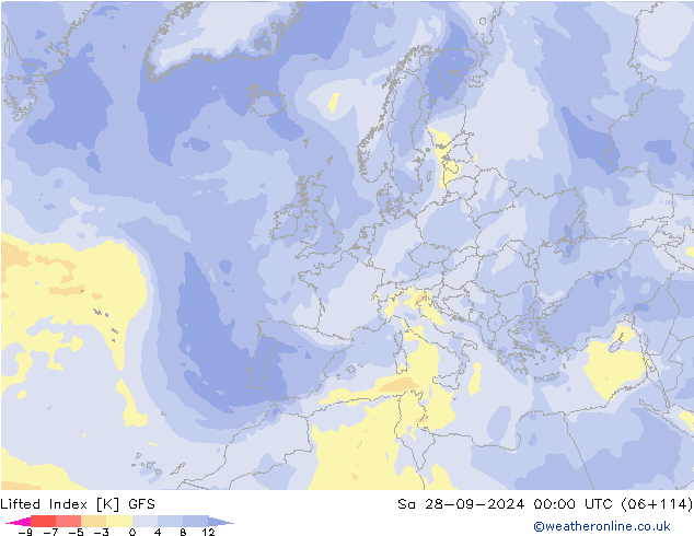 Lifted Index GFS Sáb 28.09.2024 00 UTC