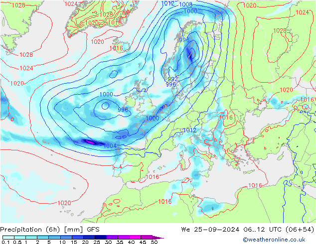 Nied. akkumuliert (6Std) GFS Mi 25.09.2024 12 UTC