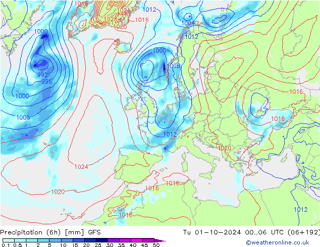 Z500/Rain (+SLP)/Z850 GFS Di 01.10.2024 06 UTC