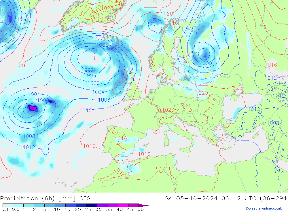 Precipitation (6h) GFS Sa 05.10.2024 12 UTC