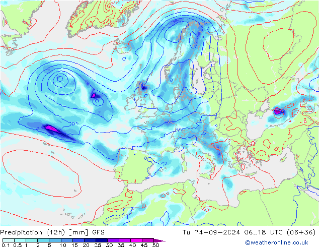 Precipitation (12h) GFS Út 24.09.2024 18 UTC