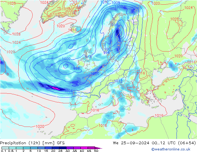 Precipitation (12h) GFS We 25.09.2024 12 UTC