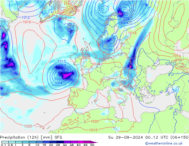 Precipitation (12h) GFS Su 29.09.2024 12 UTC