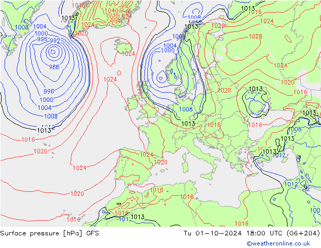 Atmosférický tlak GFS Út 01.10.2024 18 UTC