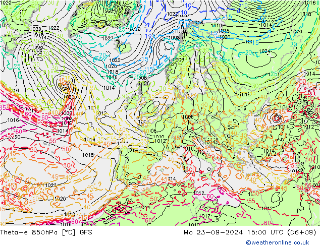 Theta-e 850hPa GFS pon. 23.09.2024 15 UTC