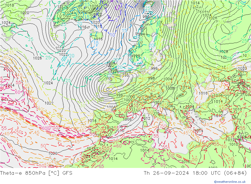 Theta-e 850hPa GFS jue 26.09.2024 18 UTC