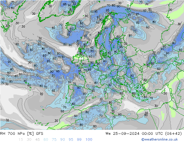 RH 700 hPa GFS We 25.09.2024 00 UTC