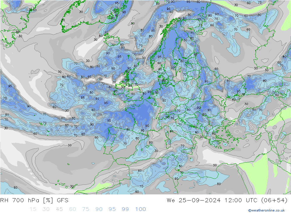 RH 700 гПа GFS ср 25.09.2024 12 UTC