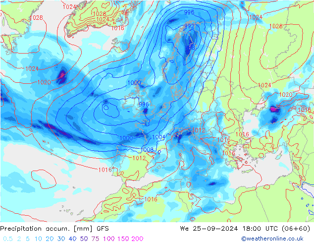 Precipitation accum. GFS śro. 25.09.2024 18 UTC