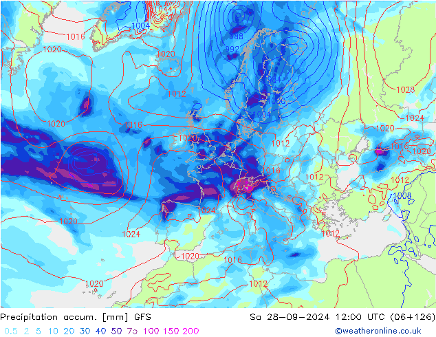 Precipitation accum. GFS Sa 28.09.2024 12 UTC