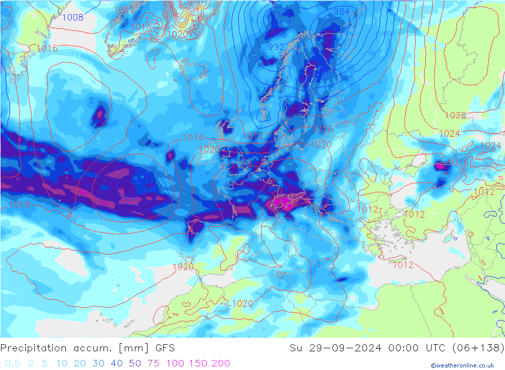 Totale neerslag GFS zo 29.09.2024 00 UTC