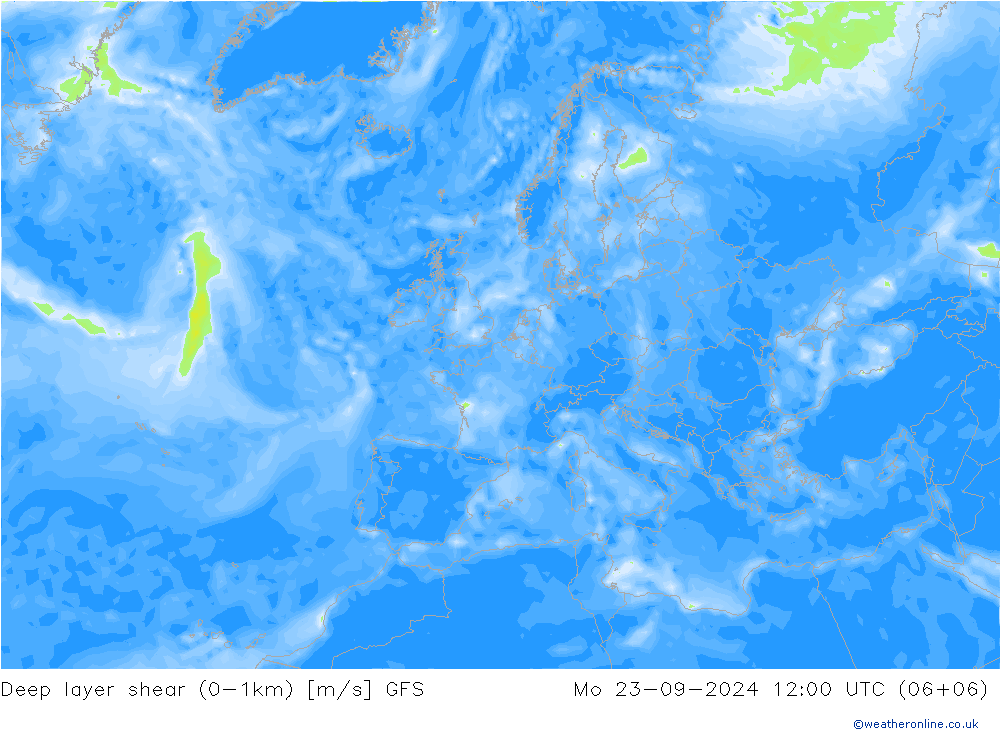 Deep layer shear (0-1km) GFS pon. 23.09.2024 12 UTC