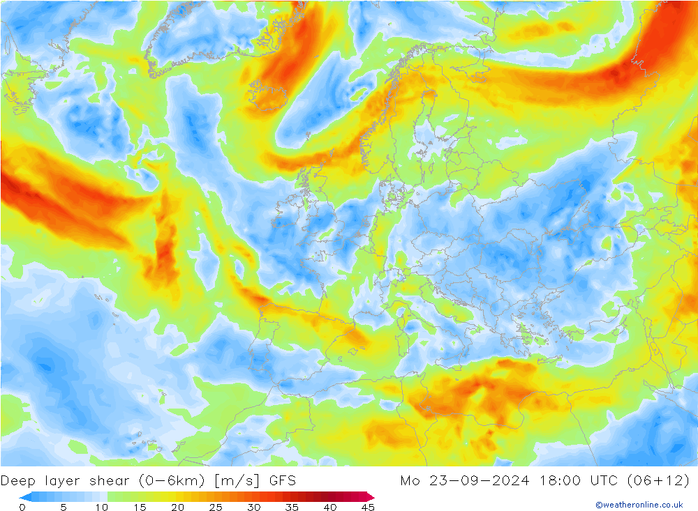 Deep layer shear (0-6km) GFS  23.09.2024 18 UTC