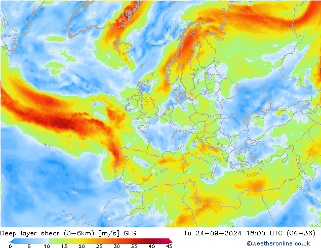 Deep layer shear (0-6km) GFS Ter 24.09.2024 18 UTC