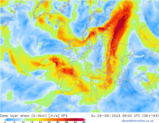 Deep layer shear (0-6km) GFS Su 29.09.2024 06 UTC