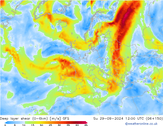 Deep layer shear (0-6km) GFS dom 29.09.2024 12 UTC