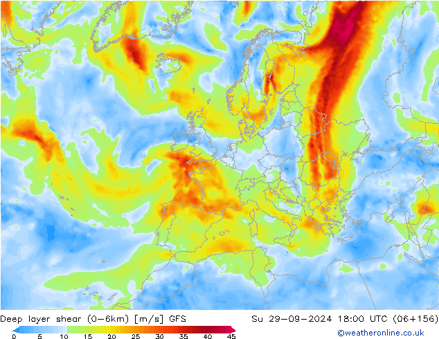 Deep layer shear (0-6km) GFS Ne 29.09.2024 18 UTC