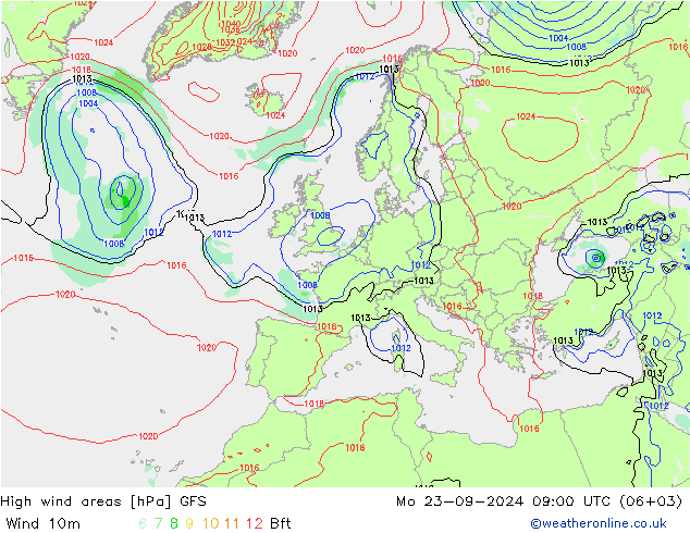 High wind areas GFS lun 23.09.2024 09 UTC