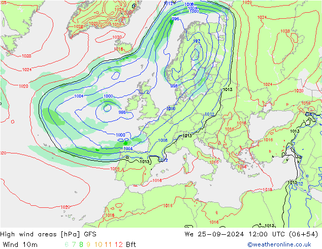 High wind areas GFS mié 25.09.2024 12 UTC