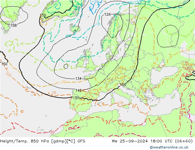 Hoogte/Temp. 850 hPa GFS wo 25.09.2024 18 UTC