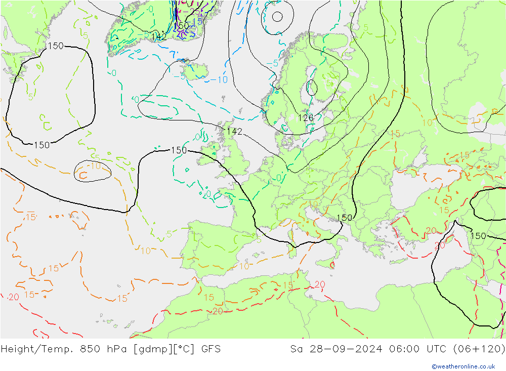 Geop./Temp. 850 hPa GFS sáb 28.09.2024 06 UTC