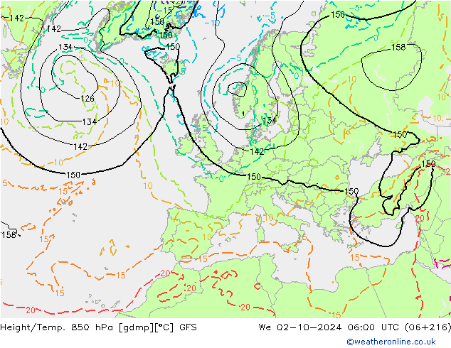 Height/Temp. 850 hPa GFS We 02.10.2024 06 UTC