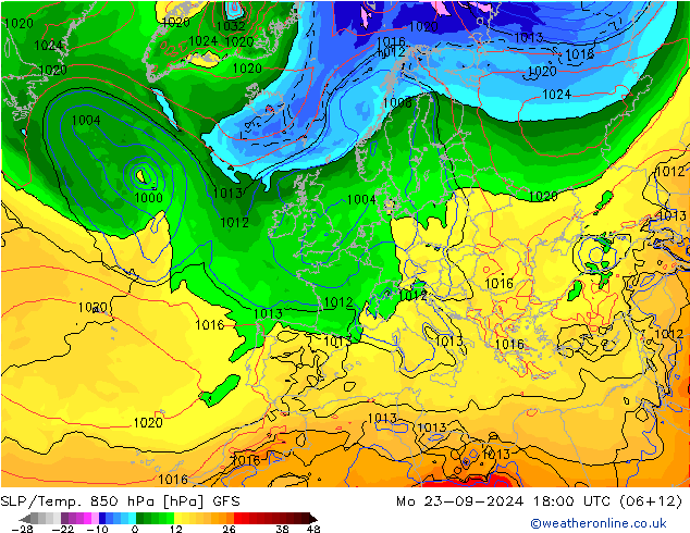 SLP/Temp. 850 hPa GFS lun 23.09.2024 18 UTC