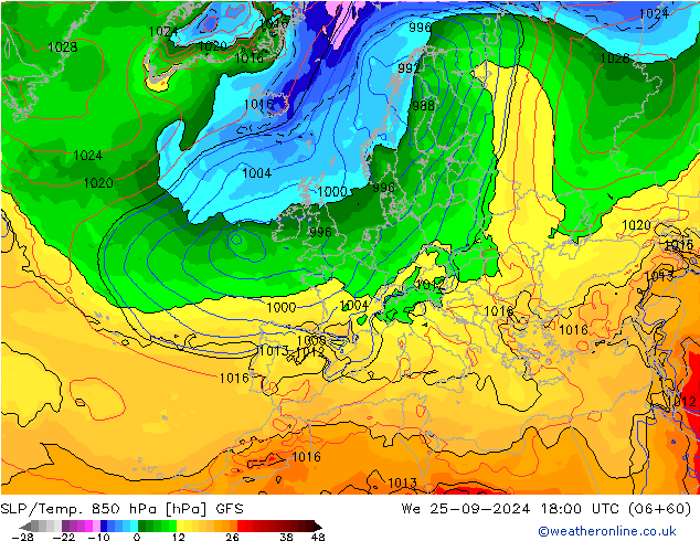 SLP/Temp. 850 hPa GFS mer 25.09.2024 18 UTC