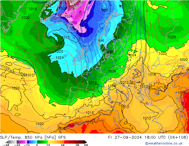 SLP/Temp. 850 hPa GFS Fr 27.09.2024 18 UTC