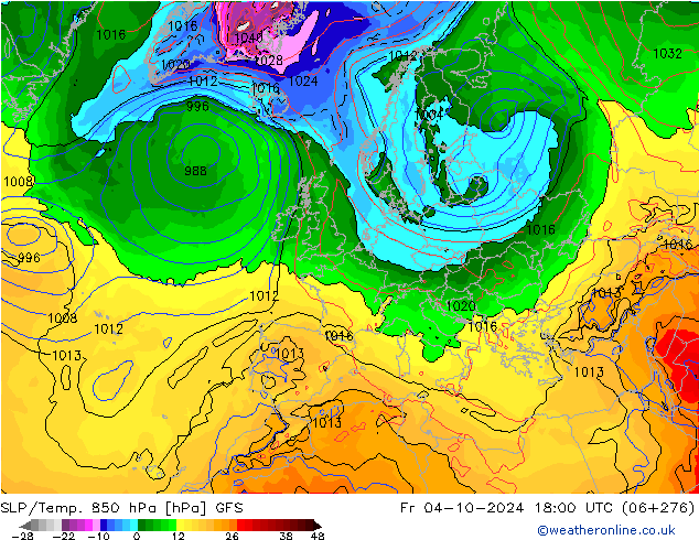 SLP/Temp. 850 hPa GFS Pá 04.10.2024 18 UTC