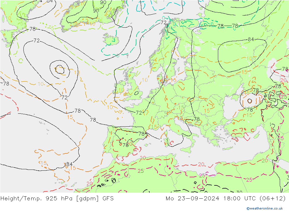 Height/Temp. 925 hPa GFS Mo 23.09.2024 18 UTC