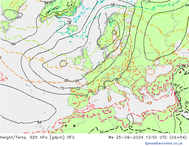 Height/Temp. 925 hPa GFS  25.09.2024 12 UTC