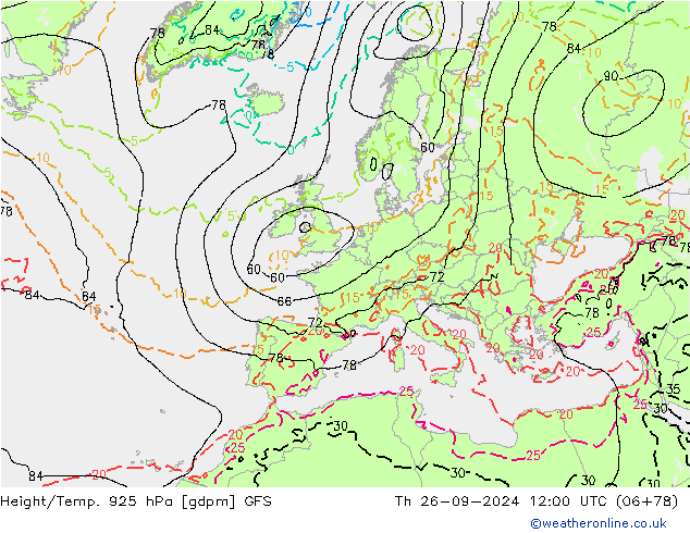 Height/Temp. 925 hPa GFS Čt 26.09.2024 12 UTC