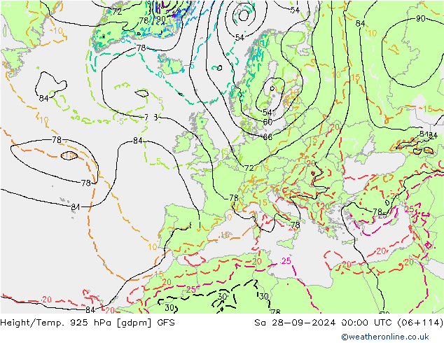 Height/Temp. 925 hPa GFS so. 28.09.2024 00 UTC