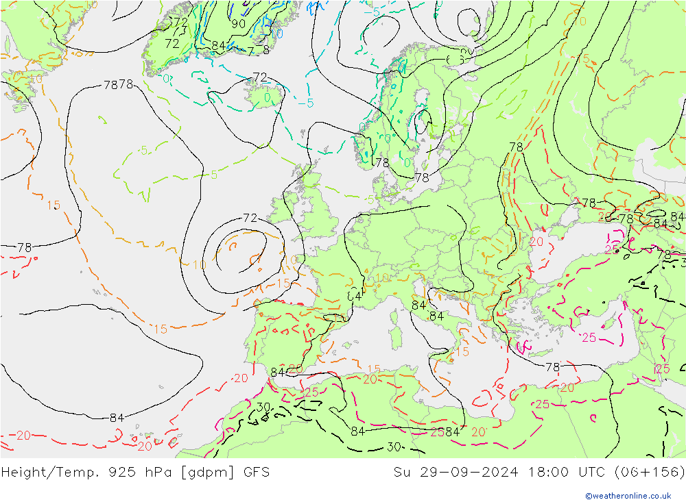 Height/Temp. 925 hPa GFS dom 29.09.2024 18 UTC