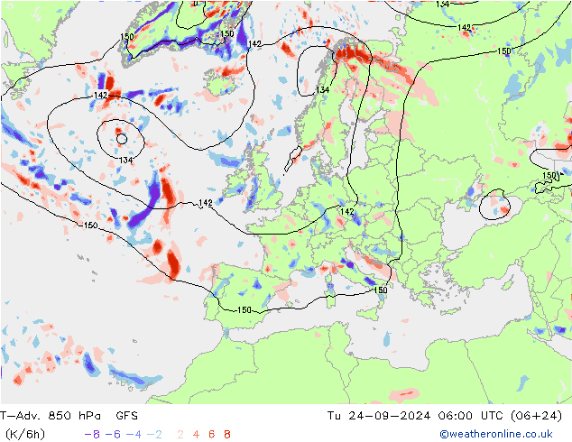 T-Adv. 850 гПа GFS вт 24.09.2024 06 UTC